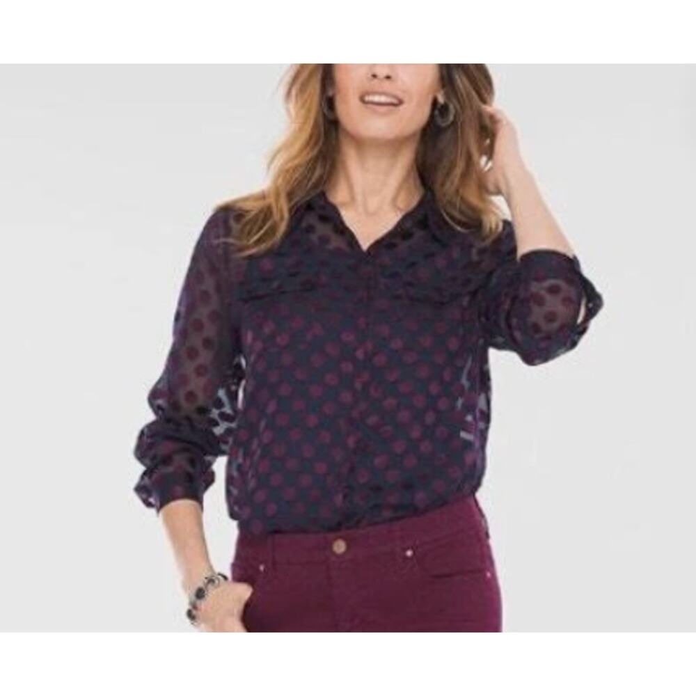 Chico's‎ Chicos Women's Purple Metallic Luxe-Dot Button Sheer Shirt size 2 large